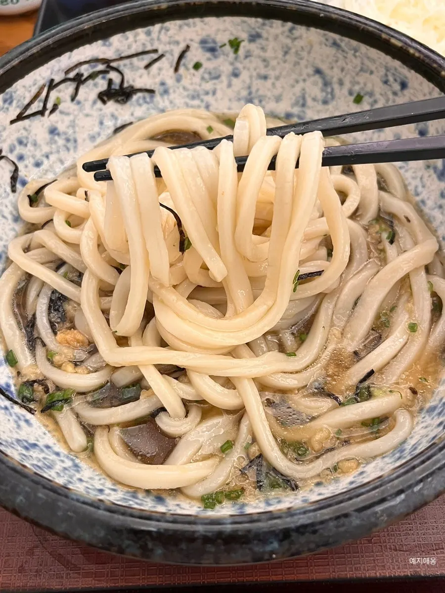 Chewy cold udon noodles lifted with chopsticks