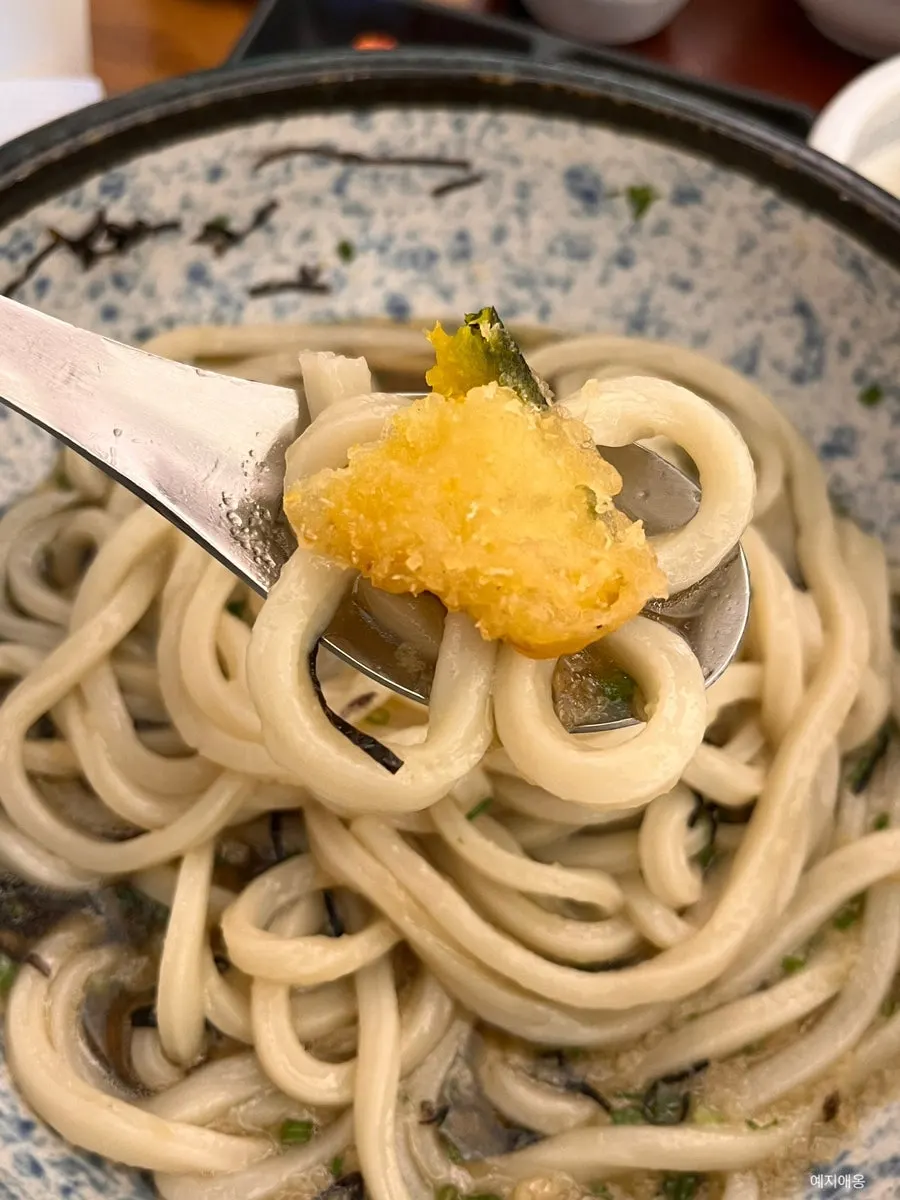 Cold udon noodles picked up together with tempura