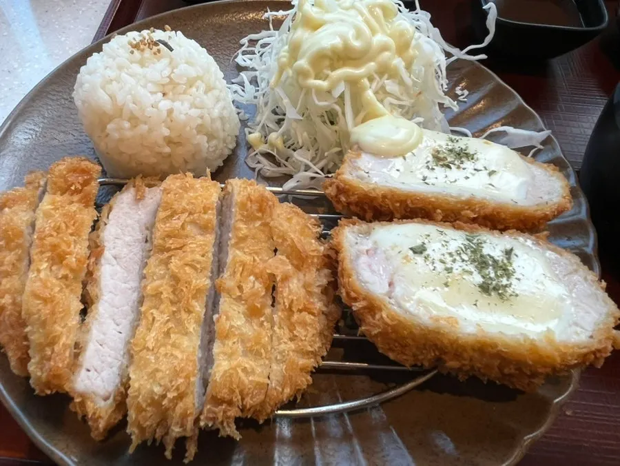 Full table setting of the half-and-half katsu set meal