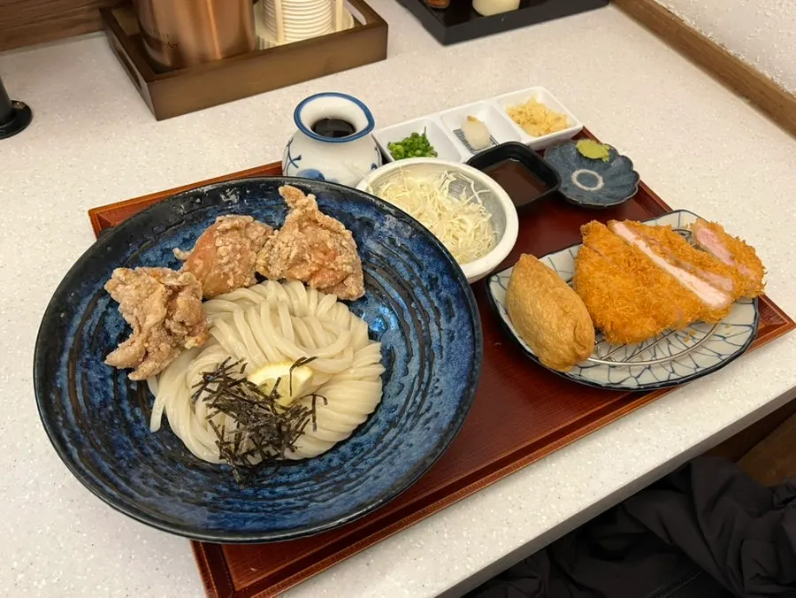 Udon frío servido con salsa de soya y acompañamientos