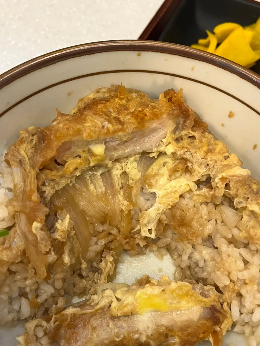 Cebolla y corte del tonkatsu dentro del katsudon