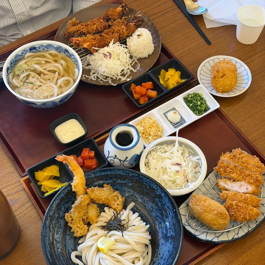 Tempura bukkake udon set and king shrimp katsu set together