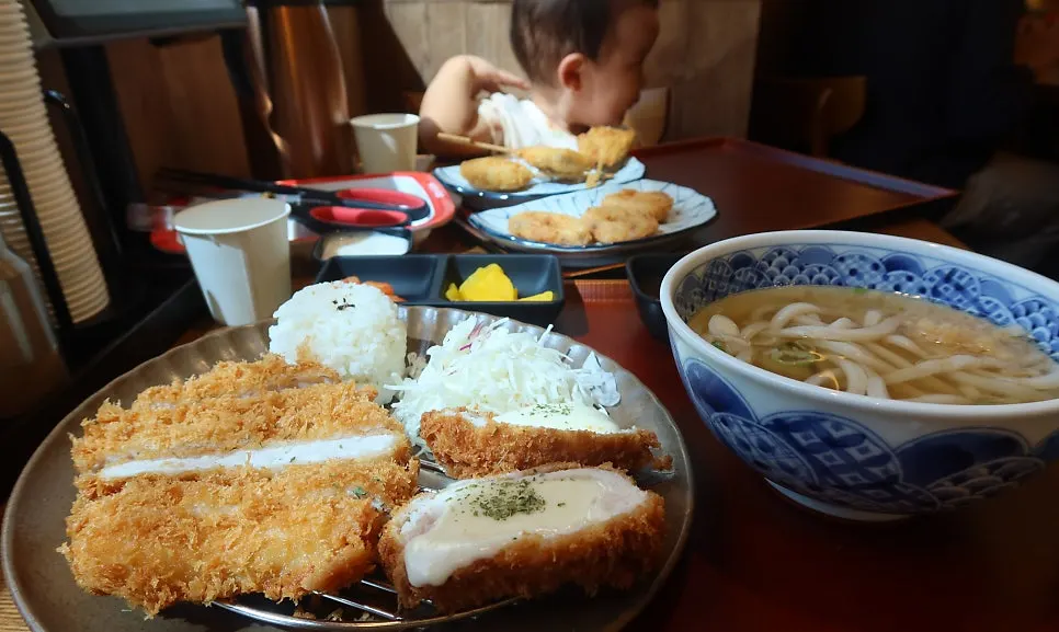 Full table setting with the half-and-half loin katsu