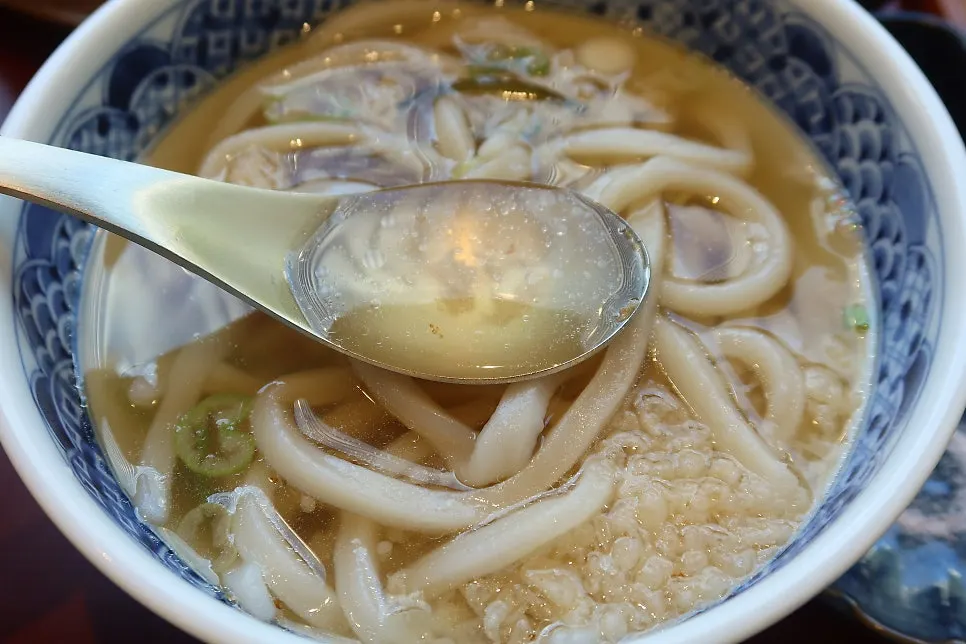 Chewy Sanuki udon noodles lifted up on chopsticks