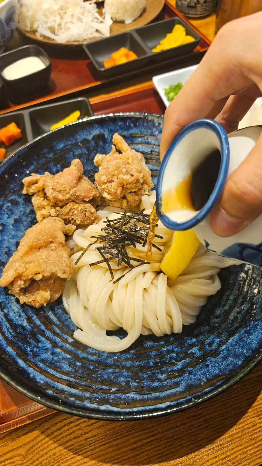 Close-up of cold udon topped with tsuyu and garnishes