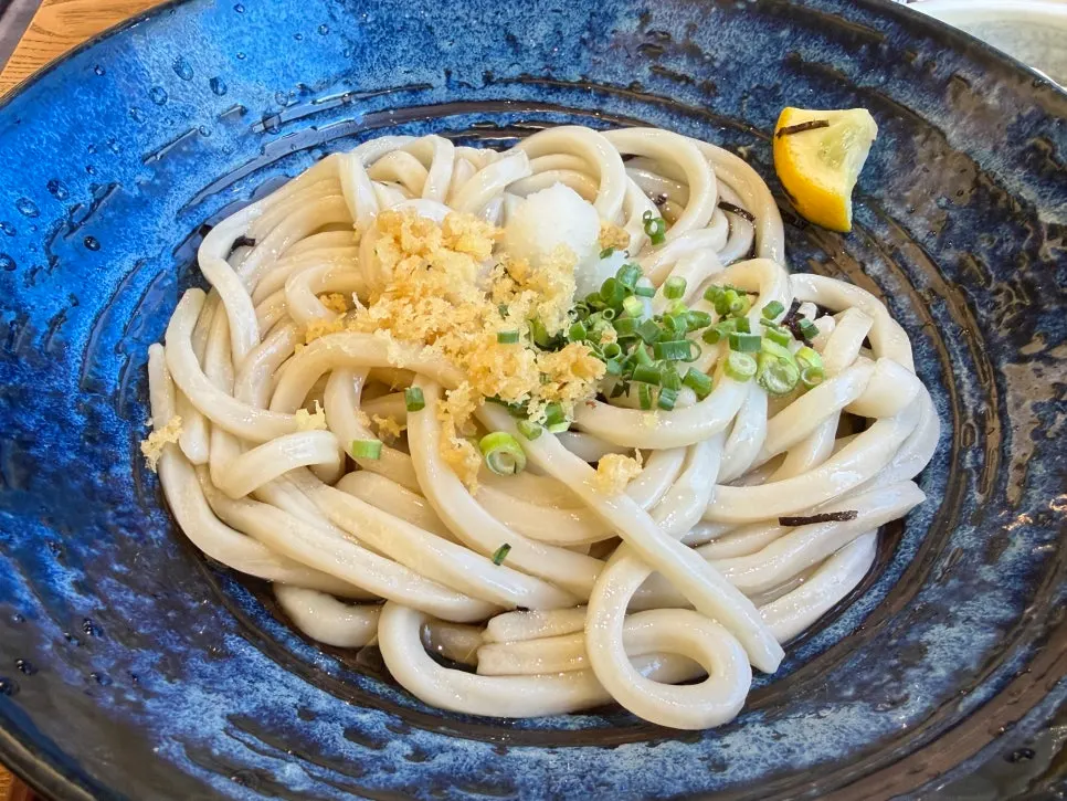 Bukkake udon noodles drizzled with tsuyu sauce
