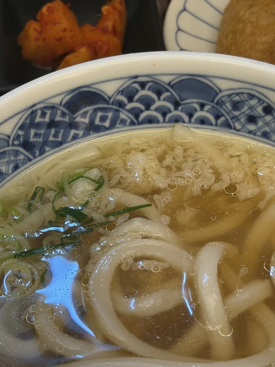 Close-up of kake udon broth and noodles