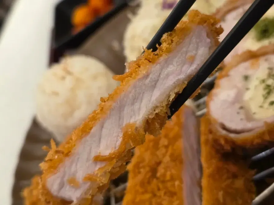 Cross-section of the crispy-breaded tonkatsu