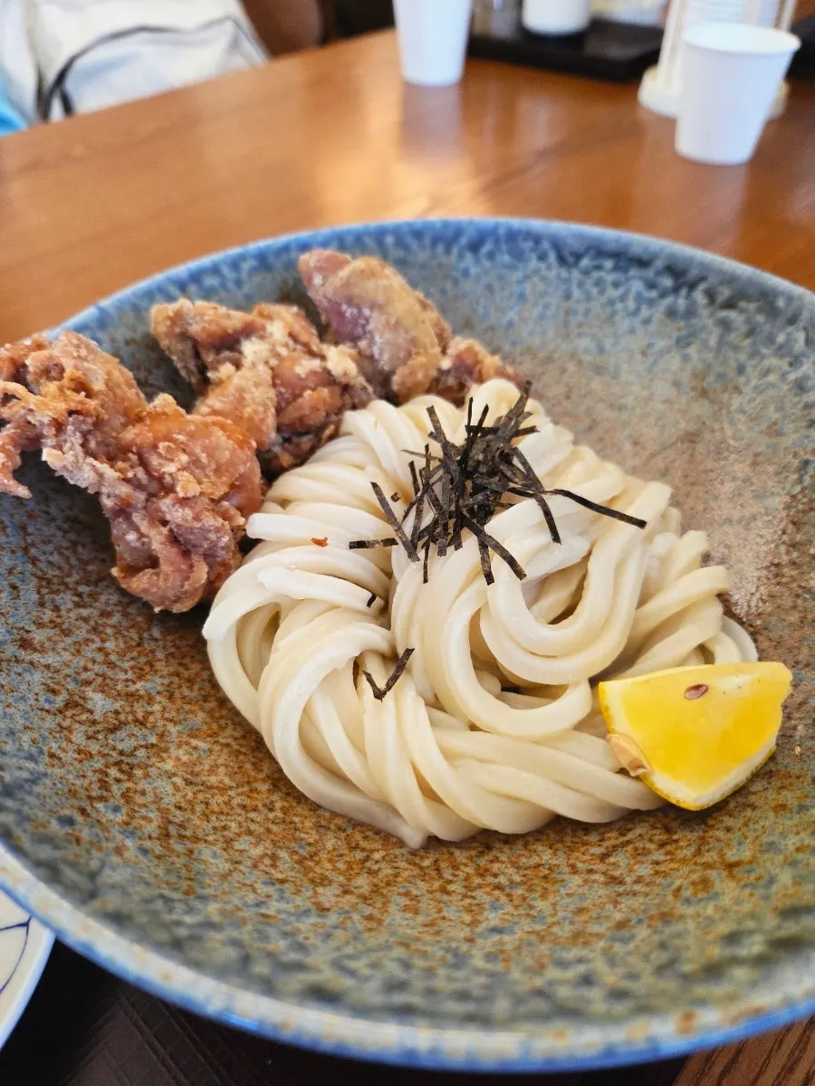 Mie bukkake udon dingin diangkat dengan sumpit