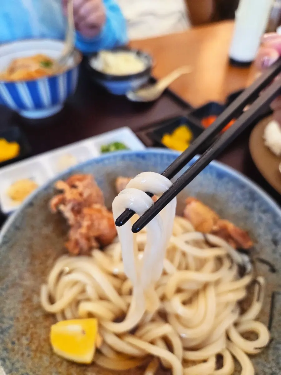 Close-up tori tempura dan mie udon