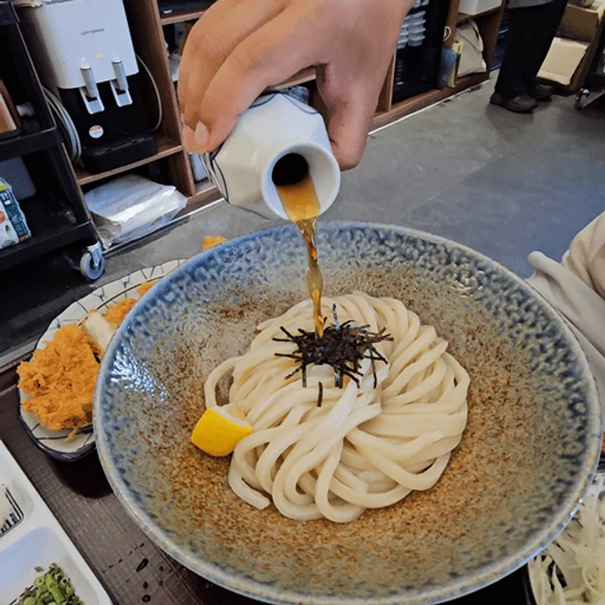 Close-up of coiled sanuki udon noodles