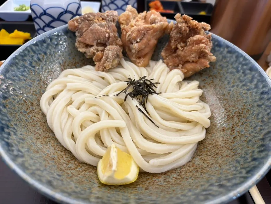 Close-up of the tempura on the tori butsukake udon