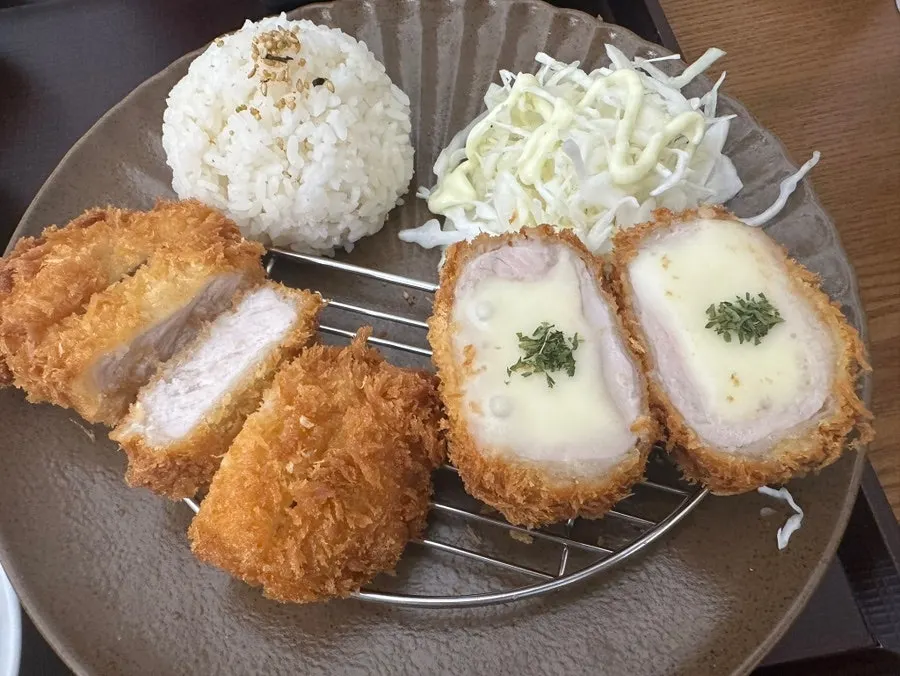 Half-and-half katsu plate with classic pork cutlet and cheese katsu