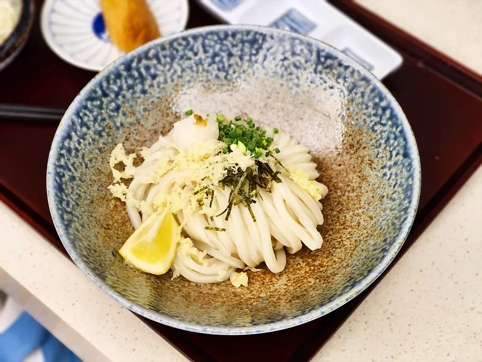 Udon topped with grated radish, tempura flakes, and green onion