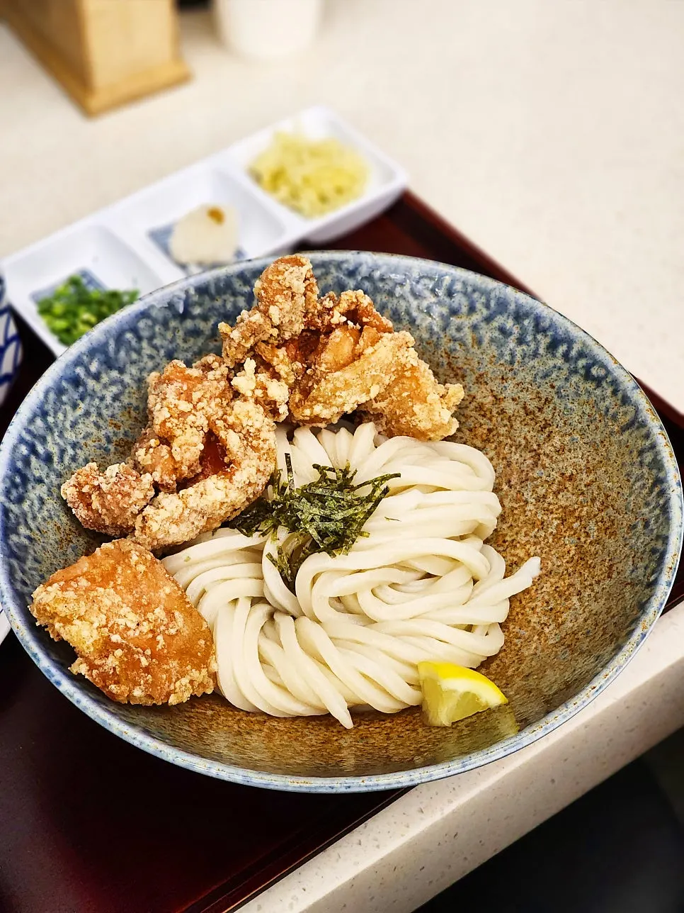 Bowl piled high with tori ten fried chicken