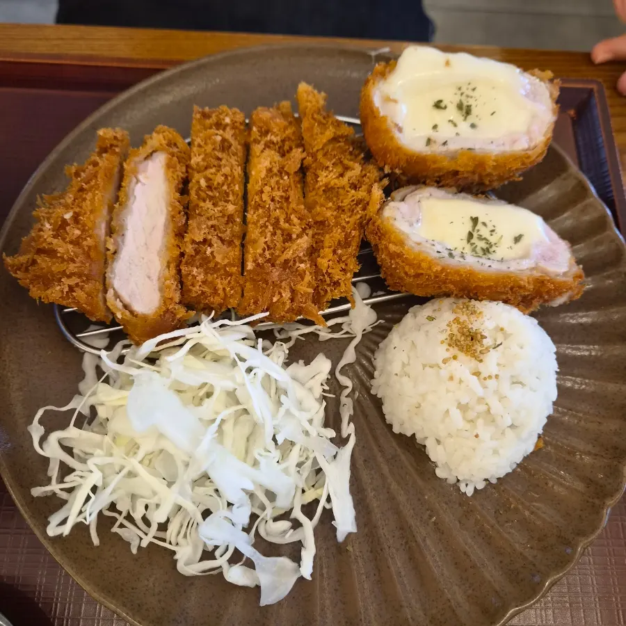附清湯烏龍麵的半半豬排定食整桌餐點