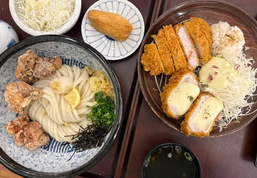 Full spread of bukkake udon and mixed tonkatsu