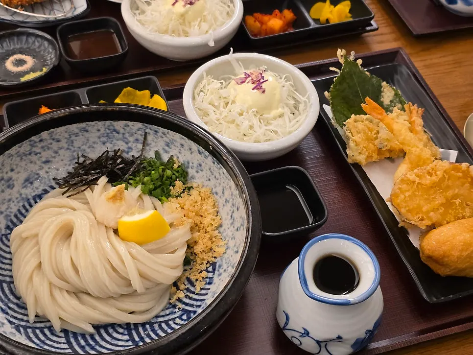 Udon and tonkatsu laid out together for a family dinner