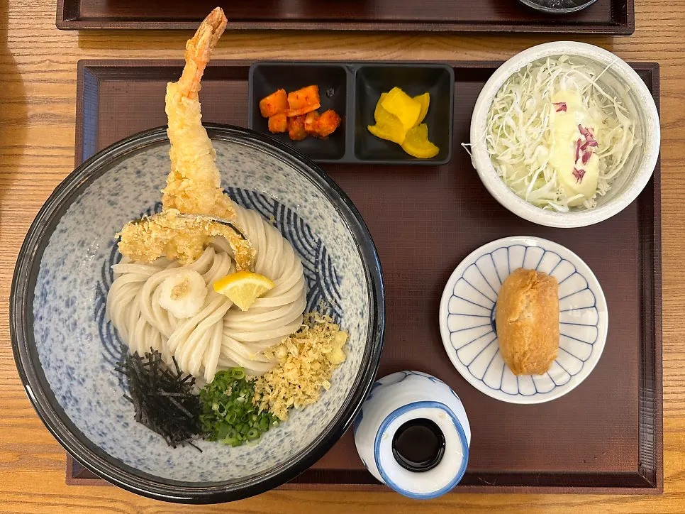 Full spread of tenbukkake udon, tonkatsu, and king shrimp katsu