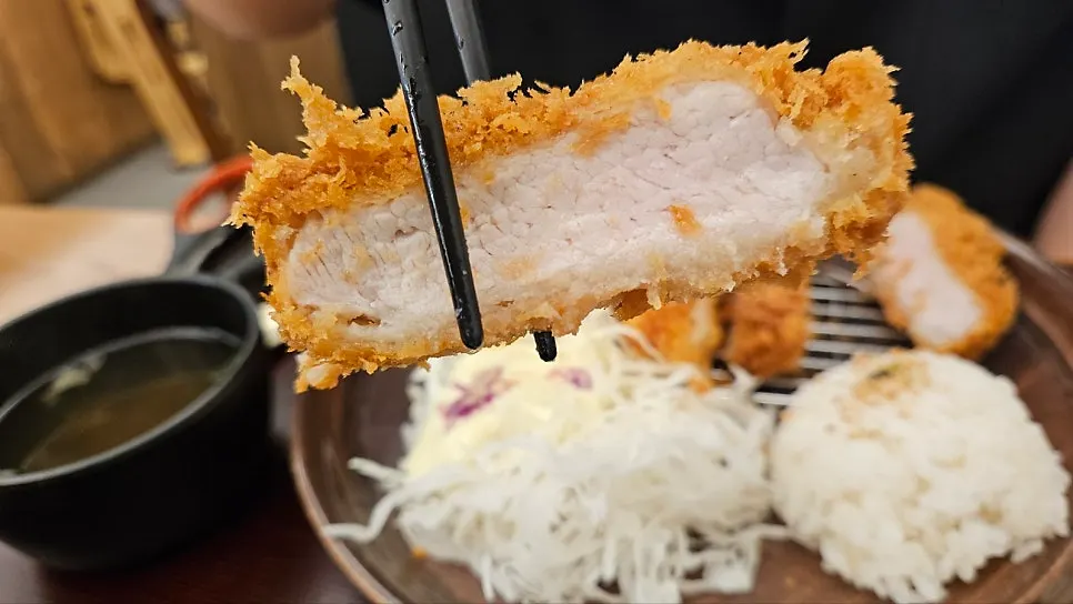 돈카츠 소스에 찍은 카츠 한 조각