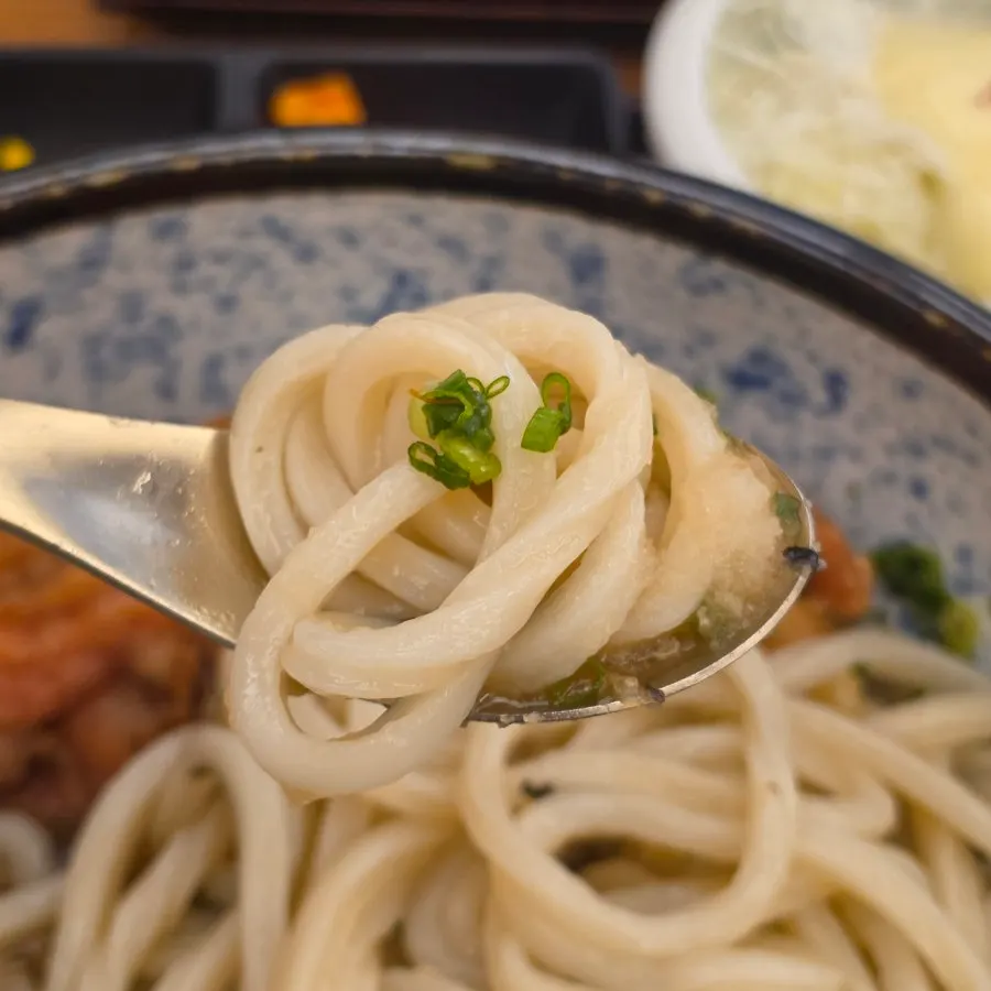 Chewy udon noodles lifted with chopsticks