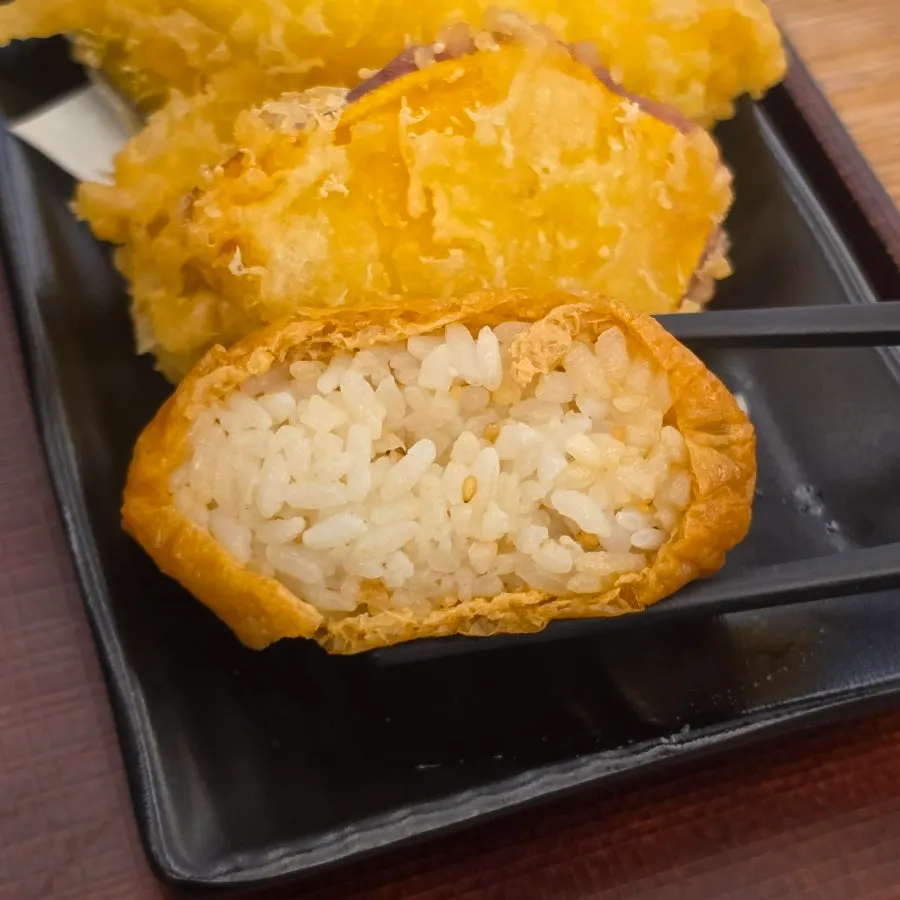 Tenpura set with inari sushi and fried shrimp