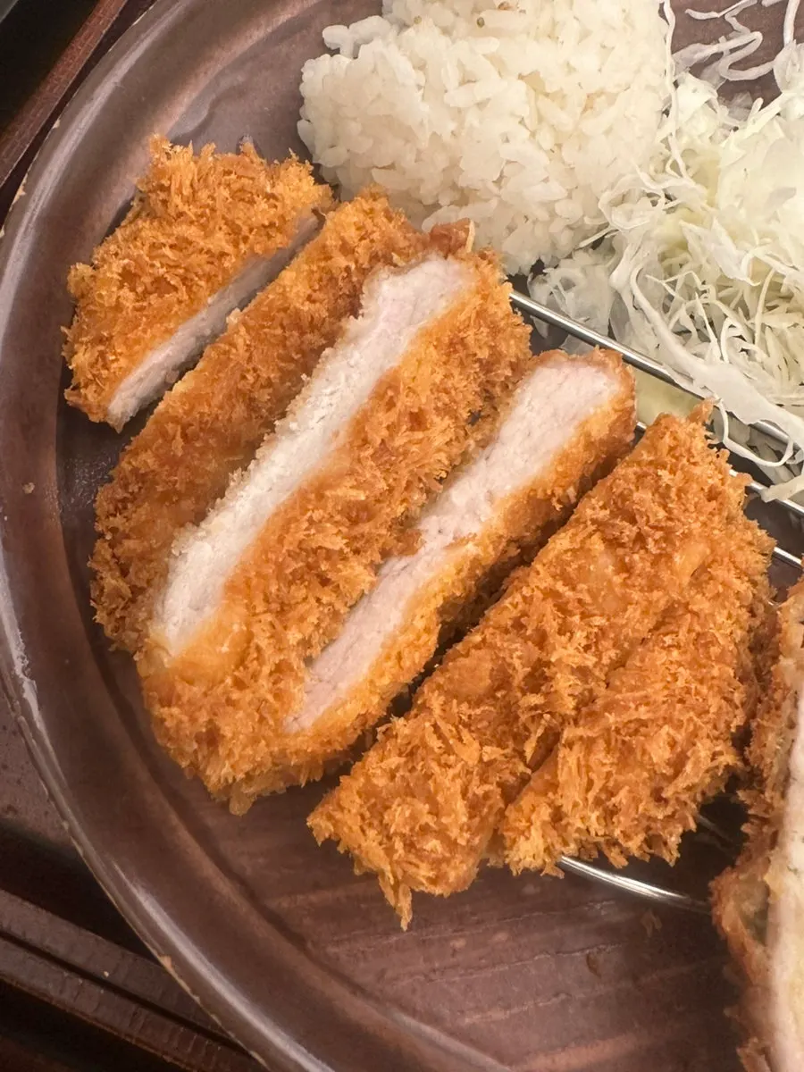 Cross-section of crispy-outside, juicy-inside fresh loin handmade katsu