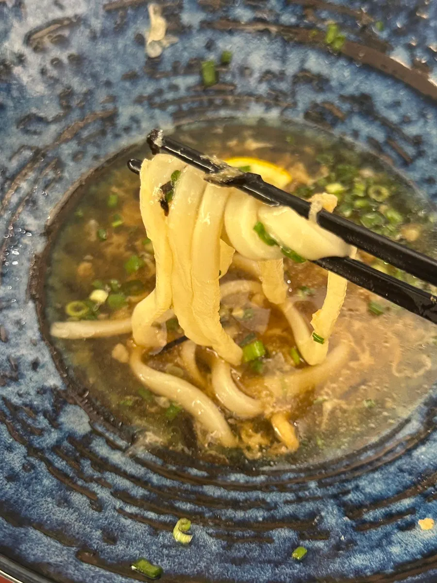 Close-up of noodles lifted from the tenbukka gake udon