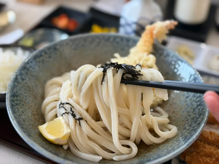Bukkake udon after the sauce is poured in