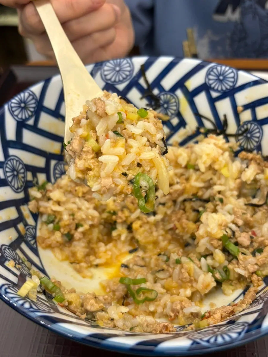 Rice mixed into leftover mazesoba udon sauce