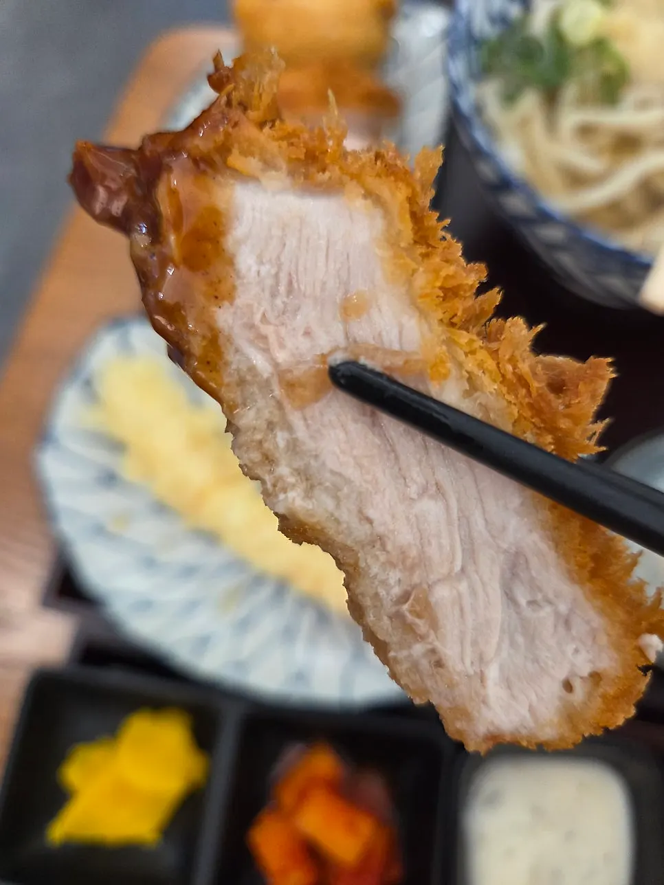 A vertical shot of tonkatsu served alongside udon
