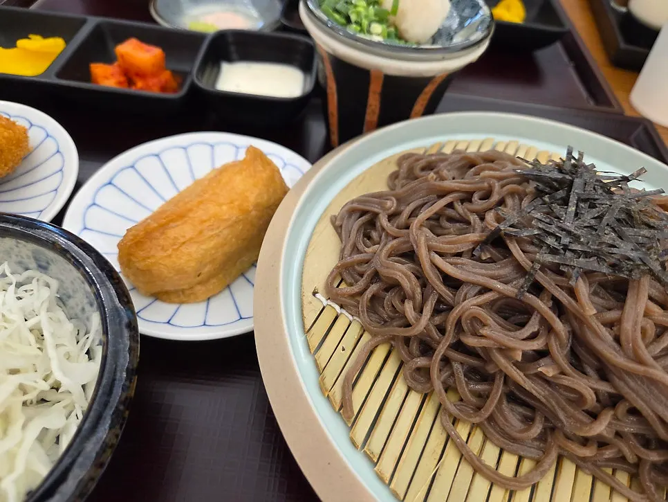 Buckwheat noodles dipped into tsuyu with grated radish and wasabi