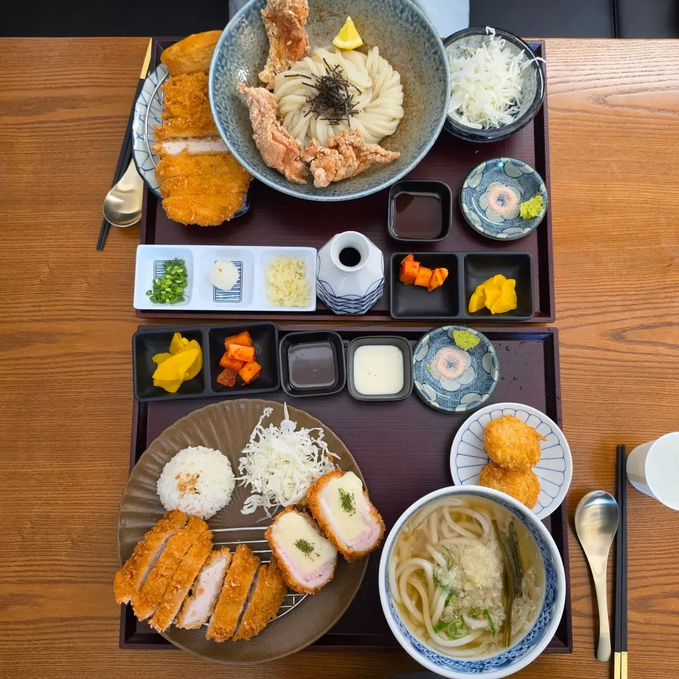 A full spread of udon and katsu at Kosi Seoul National University Entrance Branch