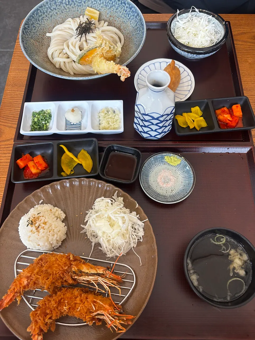 Table set with bukkake udon and king shrimp katsu together