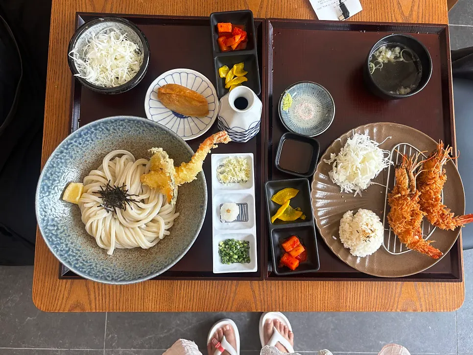 Lunch spread of udon and katsu eaten alternately