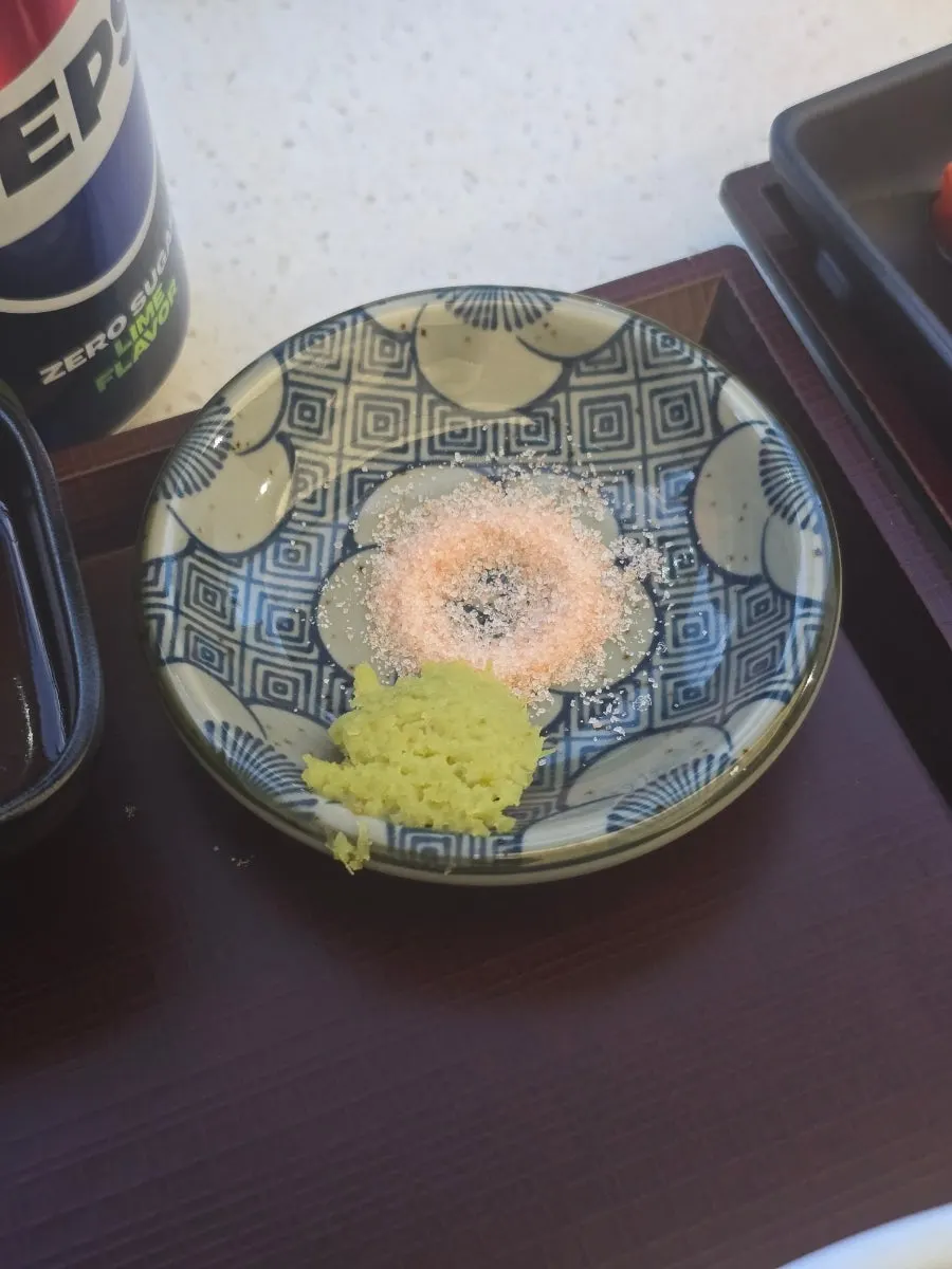 Tonkatsu sauce served alongside salt and wasabi