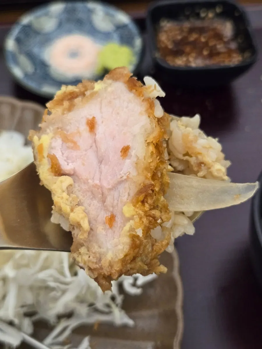 A spoonful of katsudon with egg and onion