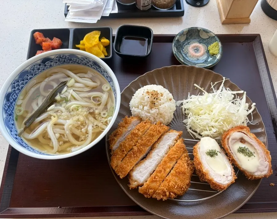 Half katsu set spread including hot udon