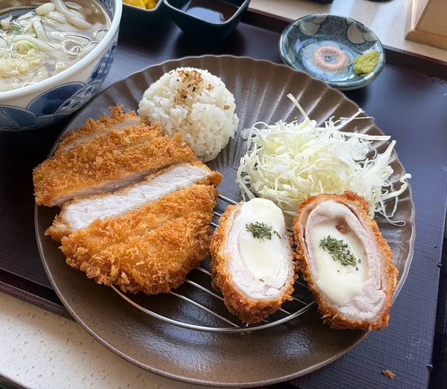 Plate with tonkatsu sauce, wasabi, and pink salt