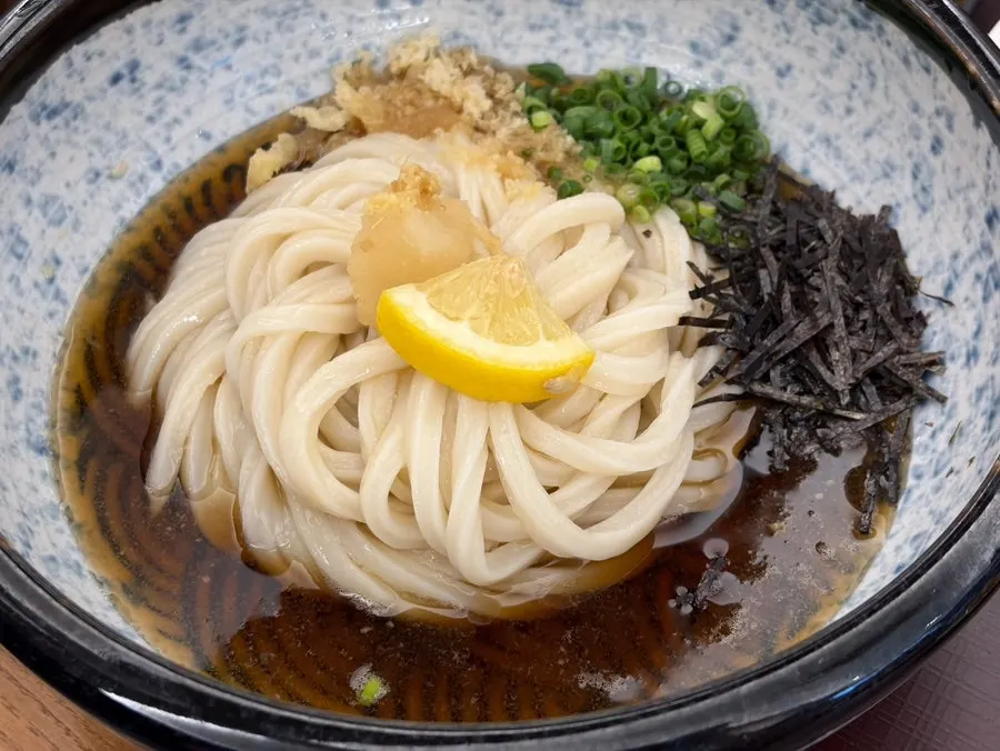 Bukkake udon noodles lifted with chopsticks