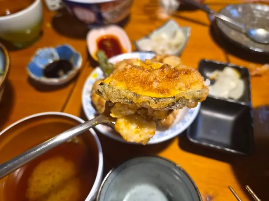 Pork tendon topped with black pork tempura