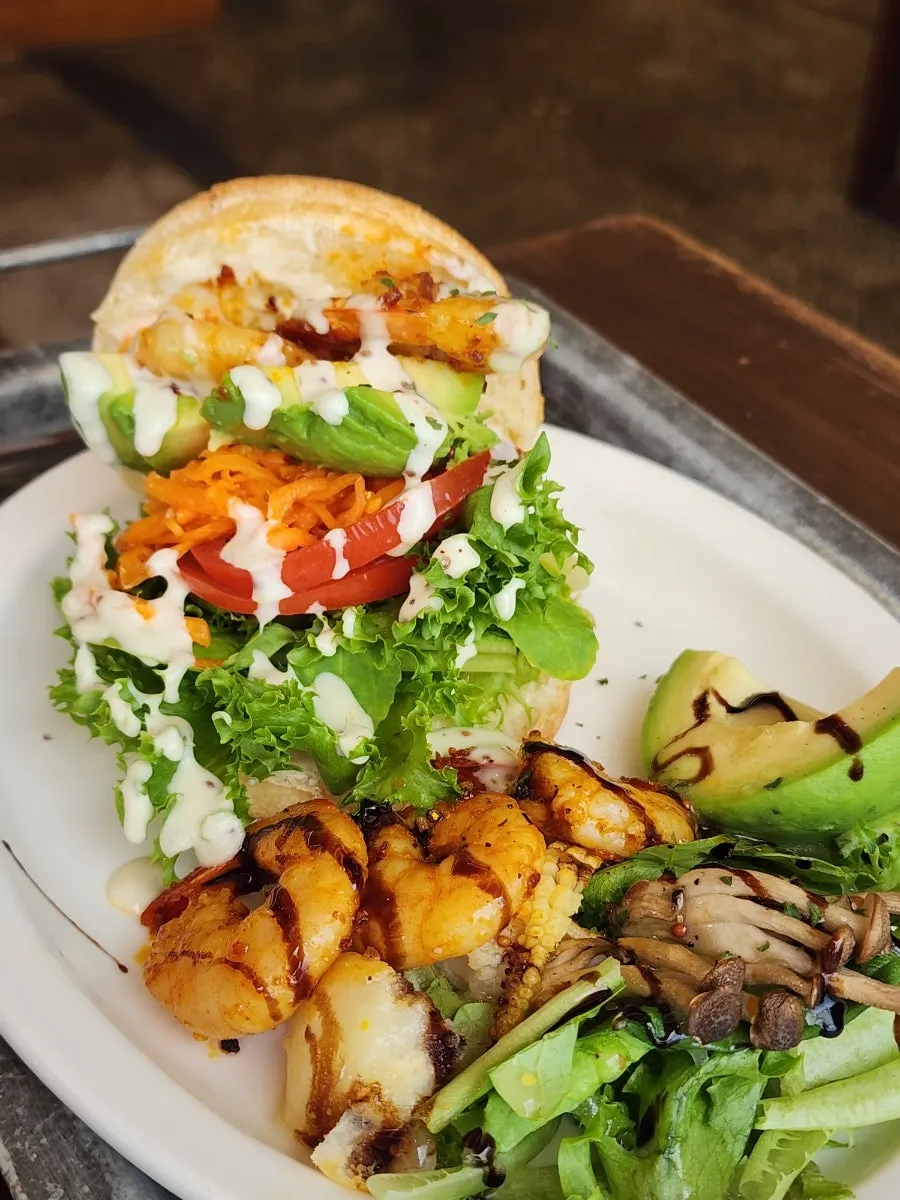 Marinated shrimp and avocado on an English muffin