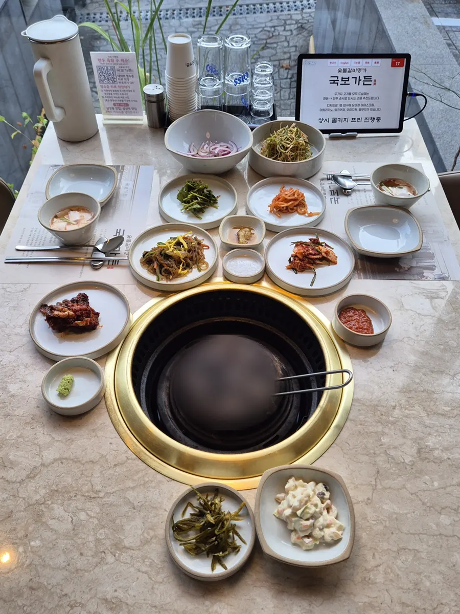 Table spread of side dishes at Gukbo Garden Samsung Main Branch