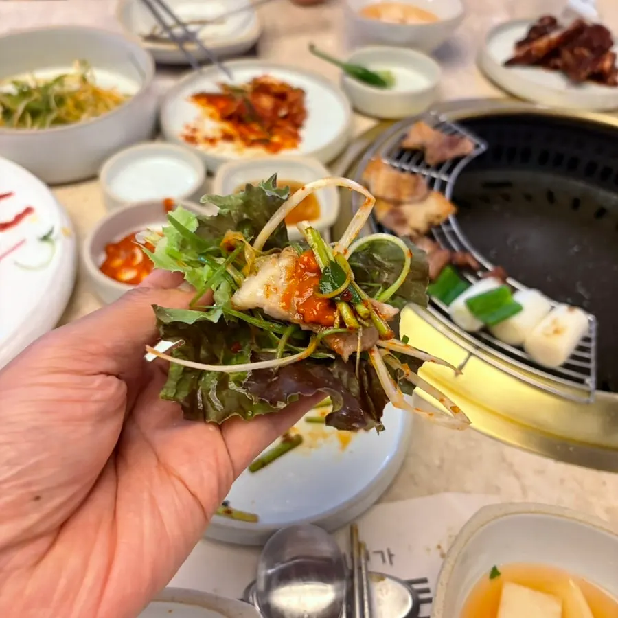 A meat wrap loaded with side dishes