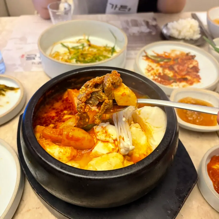 Close-up of the hanwoo sundubu-jjigae broth