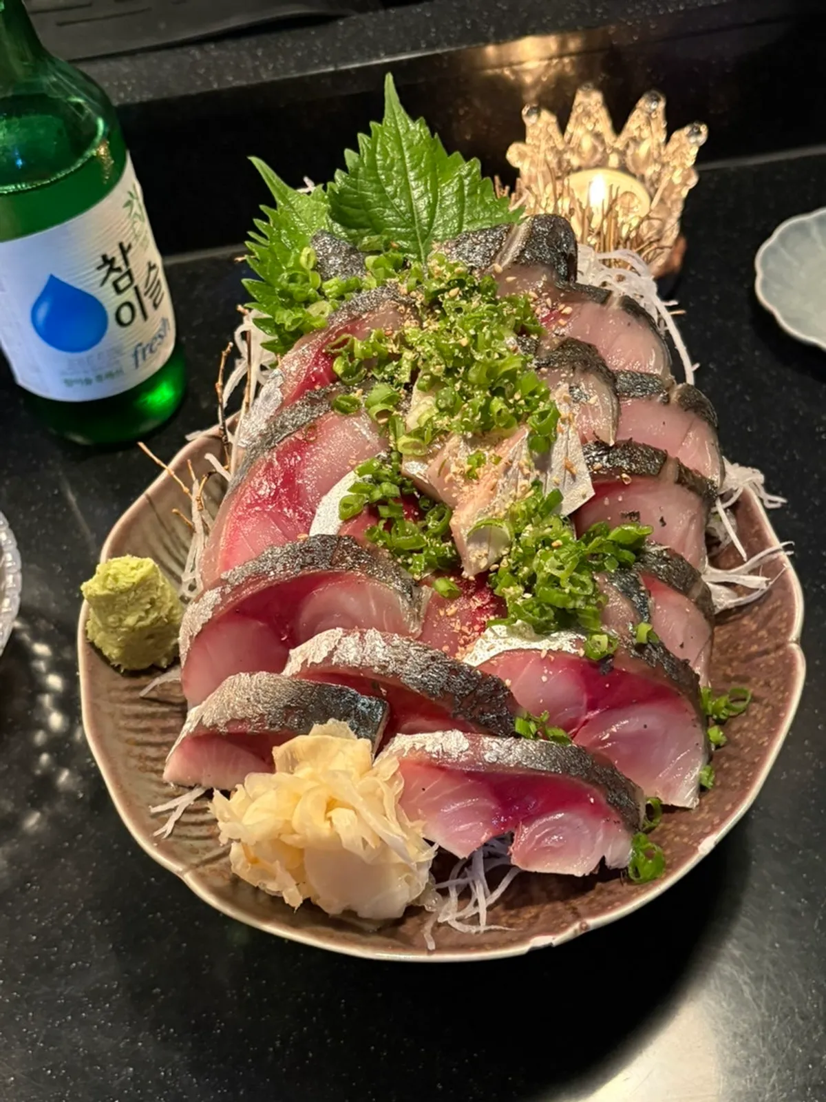 A plate of aged mackerel sashimi at Kuro Yakitori
