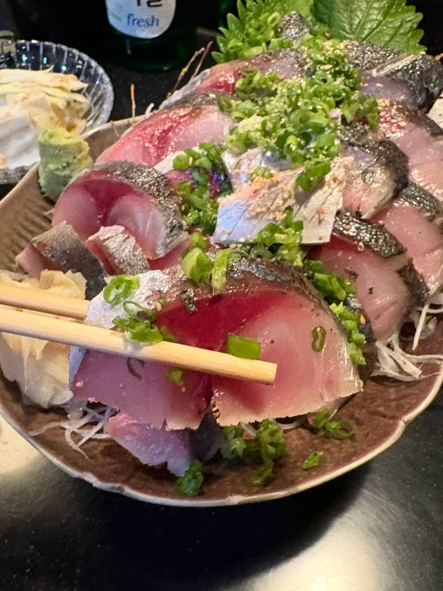 Close-up of in-season shimesaba (cured mackerel)
