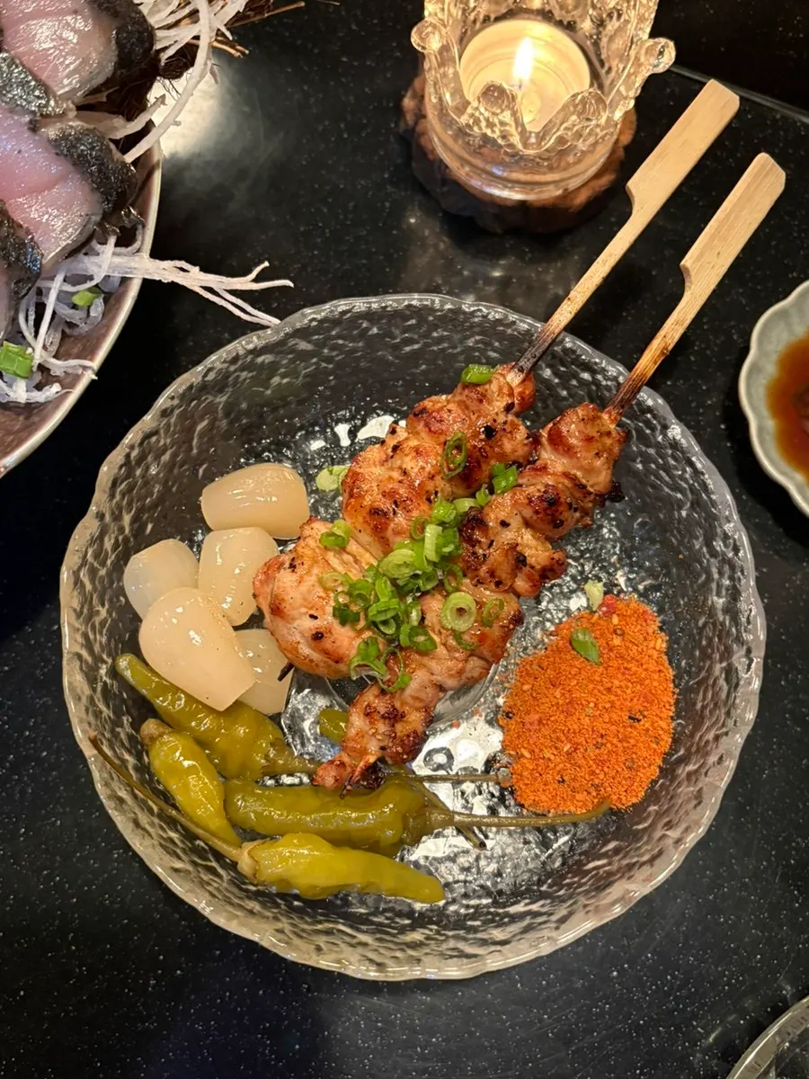 Yakitori skewers grilled over binchotan charcoal