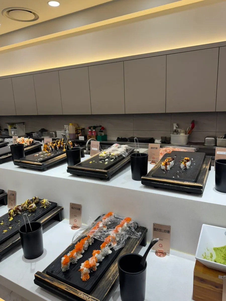 Sushi station covered with plastic wrap