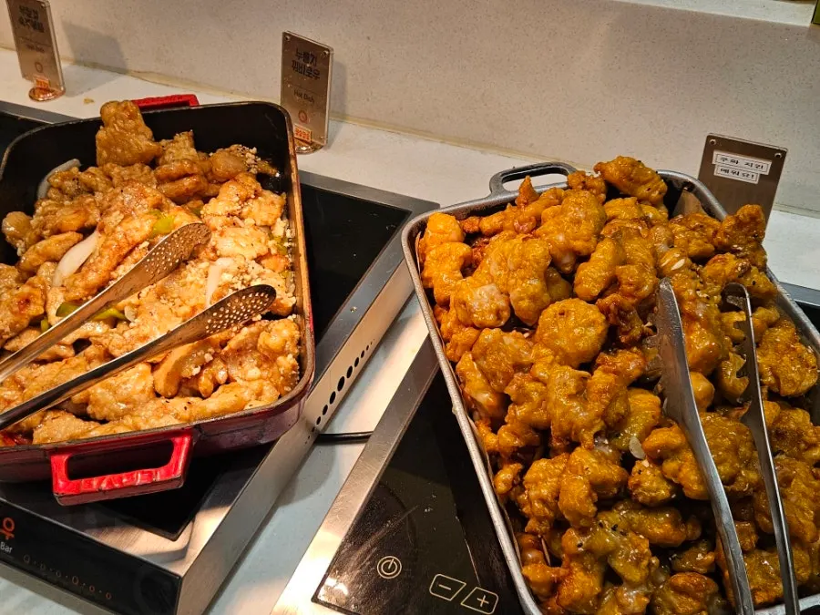 Warm food corner with seafood dishes